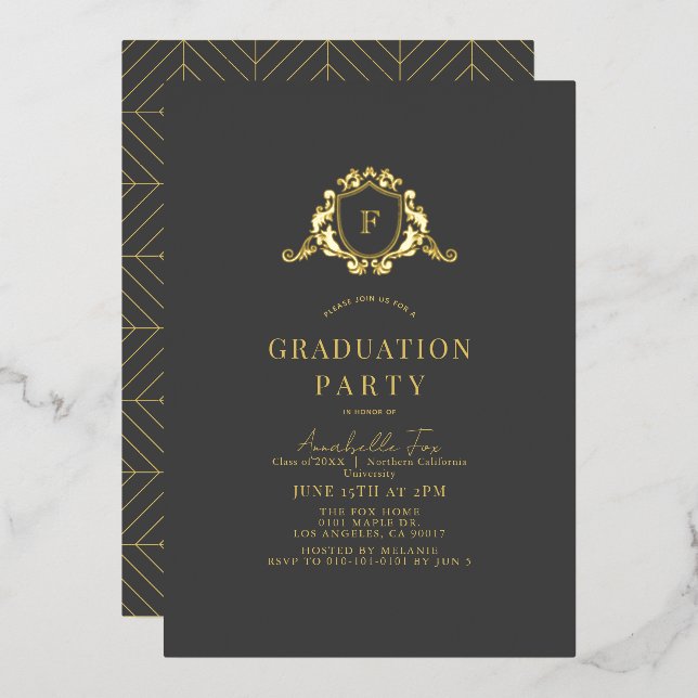 Gold Crest Monogram Dark Gray Graduation Foil Invitation (Front/Back)
