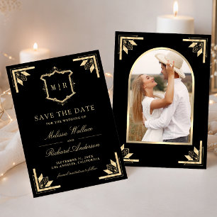 Gold Crest Monogram Photo Black Wedding Save The Date