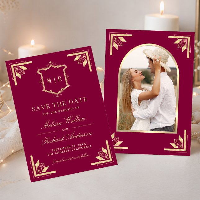 Gold Crest Monogram Photo Magenta Wedding Save The Date (Creator Uploaded)