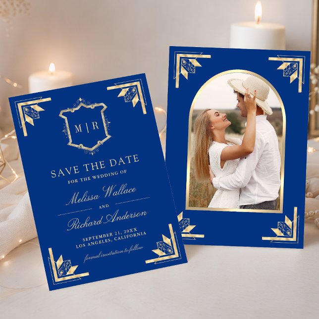 Gold Crest Monogram Photo Royal Blue Wedding Save The Date (Creator Uploaded)