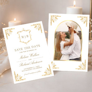 Gold Crest Monogram Photo White Wedding Save The Date