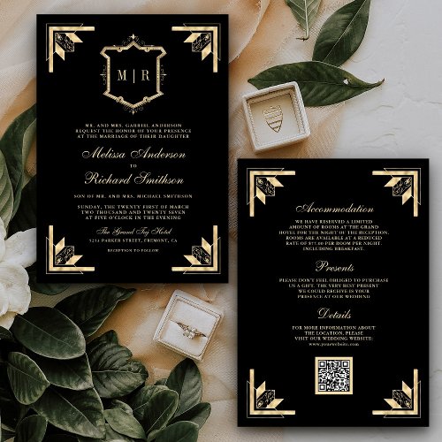 Gold Crest Monogram QR Code Black Wedding Invitation