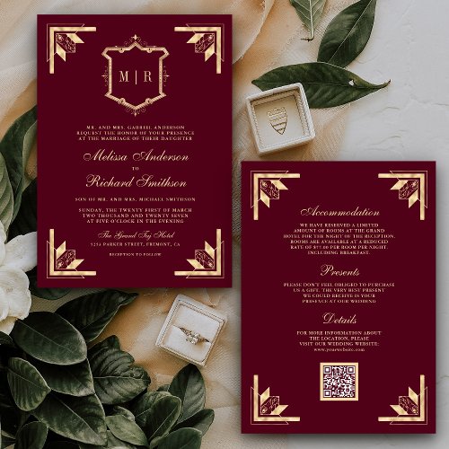 Gold Crest Monogram QR Code Burgundy Wedding Invitation