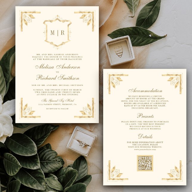 Gold Crest Monogram QR Code Cream Wedding Invitation (Creator Uploaded)