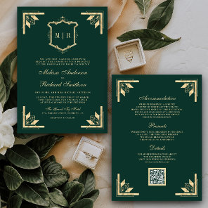 Gold Crest Monogram QR Code Emerald Green Wedding Invitation