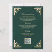 Gold Crest Monogram QR Code Emerald Green Wedding Invitation (Back)