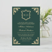 Gold Crest Monogram QR Code Emerald Green Wedding Invitation (Standing Front)