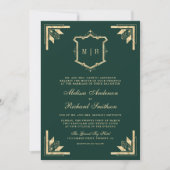 Gold Crest Monogram QR Code Emerald Green Wedding Invitation (Front)