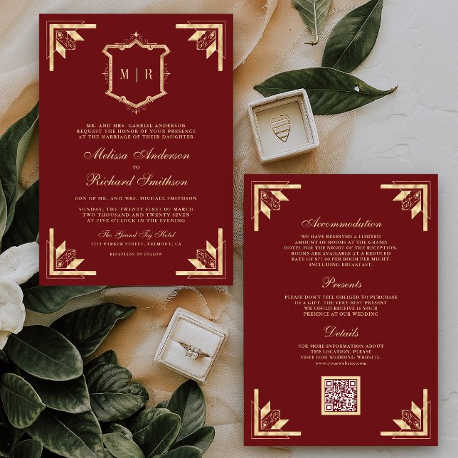 Gold Crest Monogram QR Code Maroon Red Wedding Invitation (Creator Uploaded)
