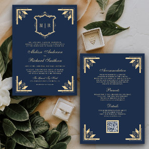 Gold Crest Monogram QR Code Navy Blue Wedding Invitation