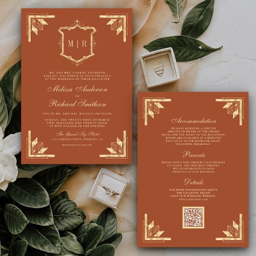 Gold Crest Monogram QR Code Terracotta Wedding Invitation