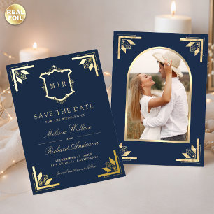 Gold Crest Navy Blue Wedding Save the Date Foil Invitation