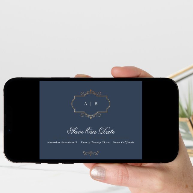 gold crest navy burgundy photo save the date announcement (Front Digital)