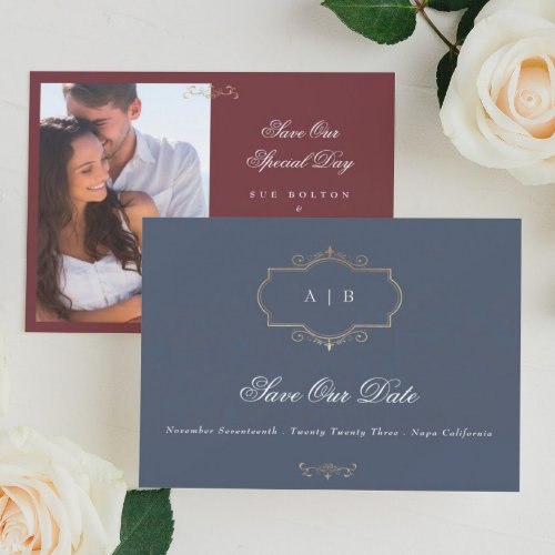 gold crest navy burgundy photo save the date announcement