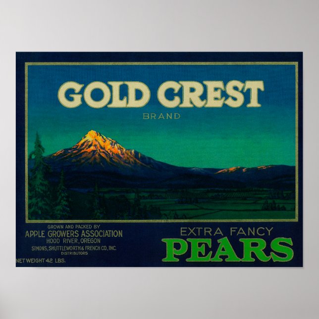 Gold Crest Pear Crate LabelHood River, OR Poster (Front)