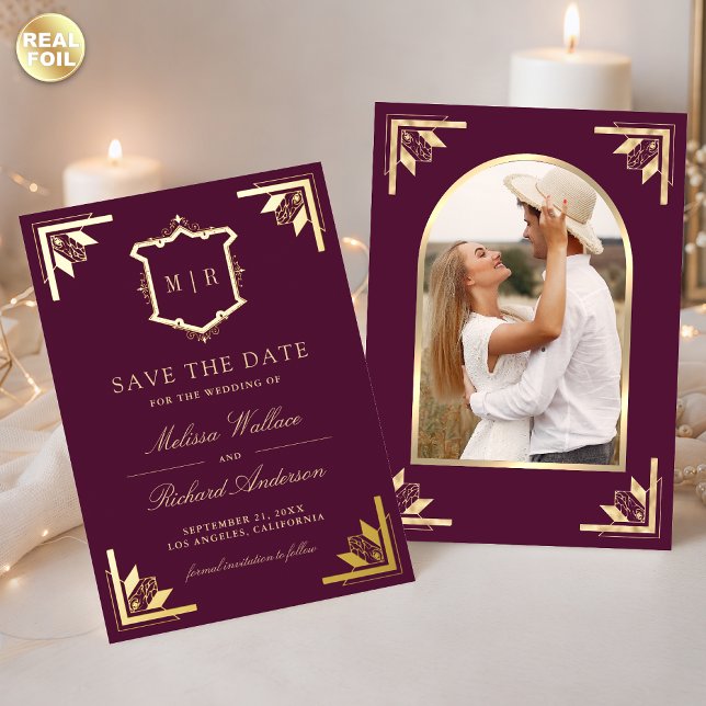 Gold Crest Plum Purple Wedding Save the Date Foil Invitation (Creator Uploaded)
