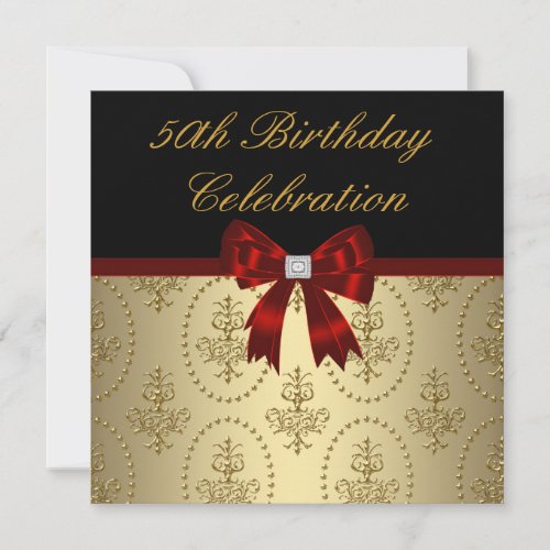 Gold Crest Red Bow Womans Elegant 50th Birthday Invitation