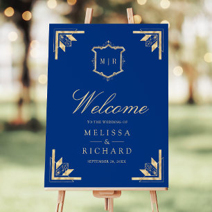 Gold Crest Royal Blue Wedding Welcome Sign