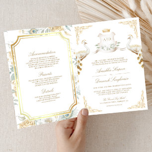 Gold Crest Royal Indian White Peacock Wedding Invitation