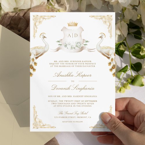 Gold Crest Royal Indian White Peacock Wedding Invitation