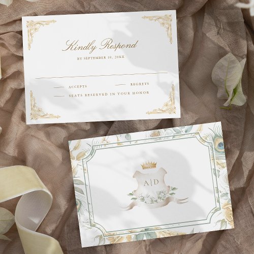 Gold Crest Royal Indian White Peacock Wedding RSVP Card