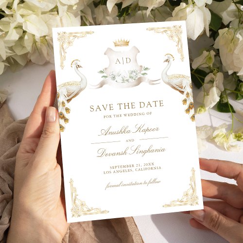 Gold Crest Royal Indian White Peacock Wedding Save The Date