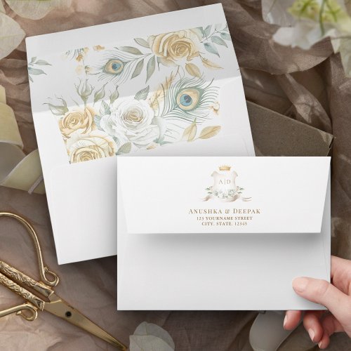 Gold Crest Royal Peacock Feathers Floral Wedding Envelope