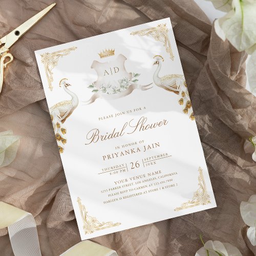 Gold Crest Royal White Peacock Bridal Shower Invitation