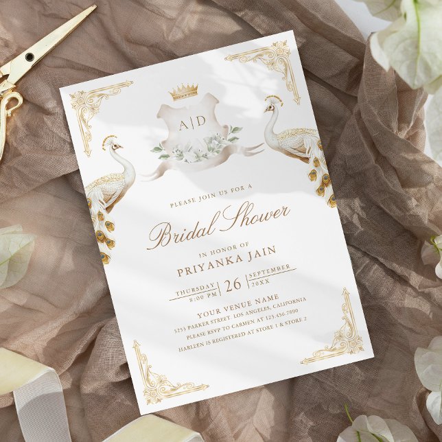 Gold Crest Royal White Peacock Bridal Shower Invitation (Creator Uploaded)