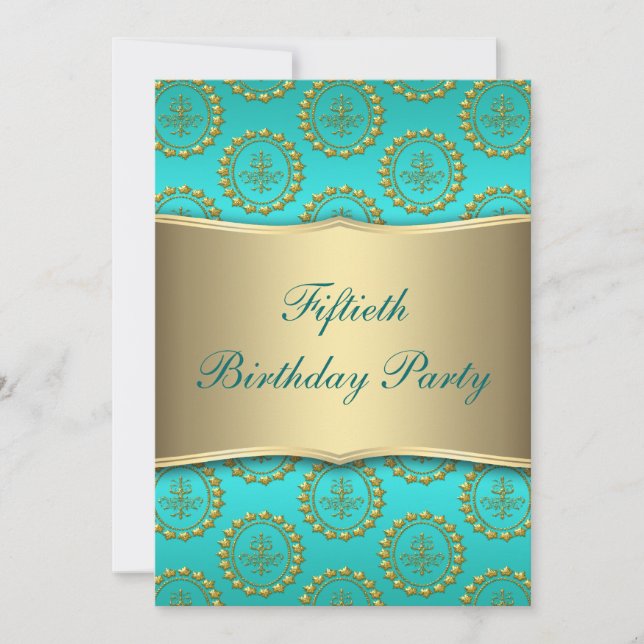 Gold Crest Teal Womans 50th Birthday Party Invitation (Front)