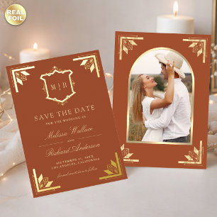 Gold Crest Terracotta Wedding Save the Date Foil Invitation