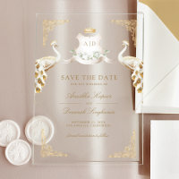 Gold Crest White Peacock Wedding Save the Date