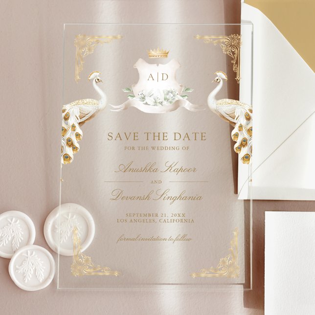 Gold Crest White Peacock Wedding Save the Date (Creator Uploaded)