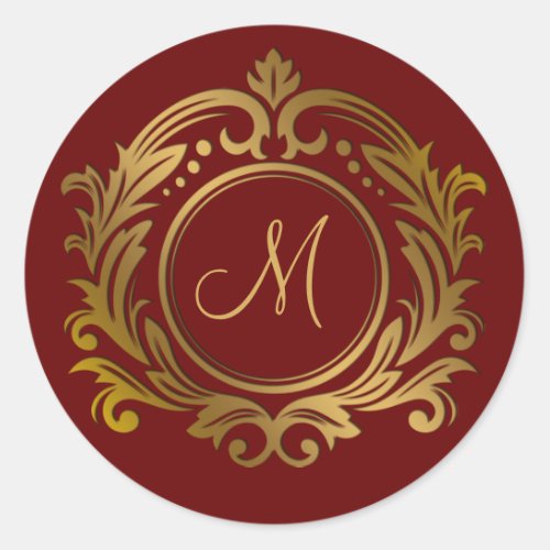 Gold Crest with Monogram Initial on Red Classic Round Sticker