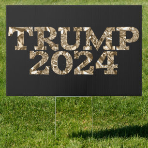 Gold Crinkled Foil Trump 2024 on Black Sign