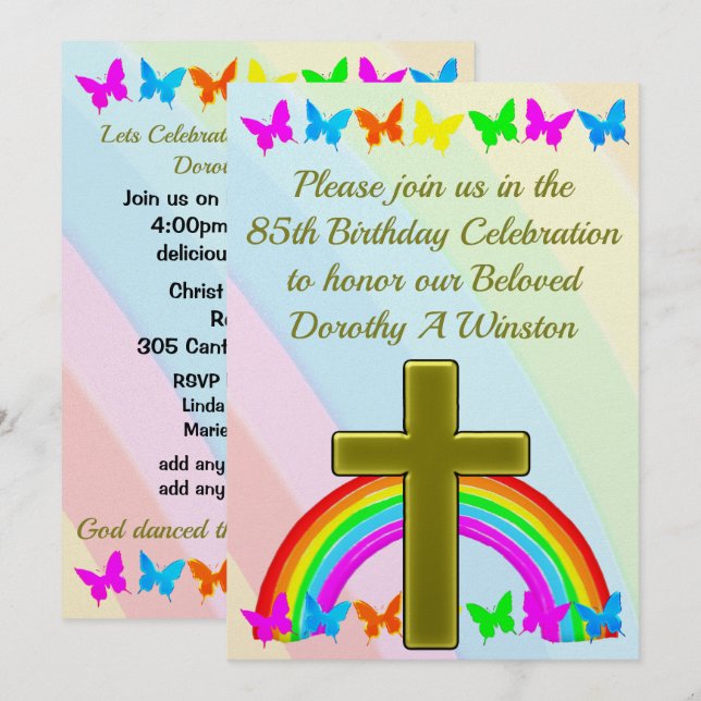 GOLD CROSS AND BUTTERFLY 85TH BIRTHDAY INVITATION (Front/Back)
