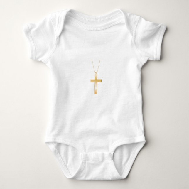 Gold cross and chain, looks like real jewelry. baby bodysuit (Front)