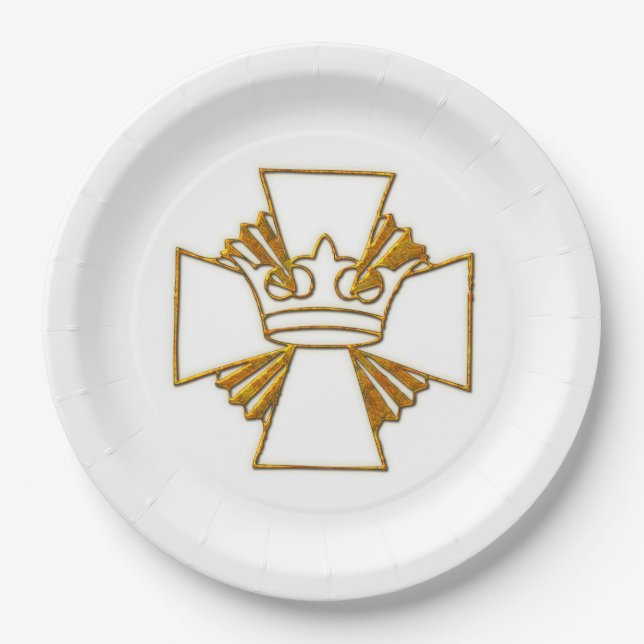 Gold Cross and Crown 3D Look Paper Plates (Front)