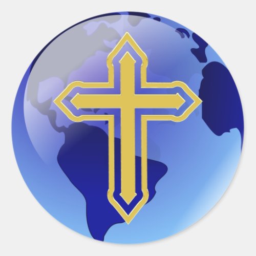 Gold Cross and Earth Classic Round Sticker