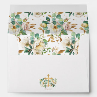 Gold Cross and Floral Baptism Envelope