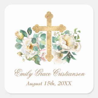 Gold Cross and Floral Baptism Square Sticker