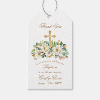 Gold Cross and Floral White Baptism Gift Tags