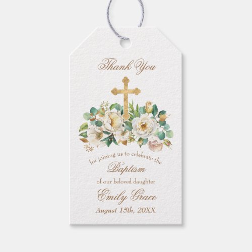 Gold Cross and Floral White Baptism Gift Tags
