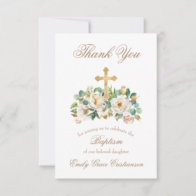 Gold Cross and Floral White Baptism Thank You Card (Front)