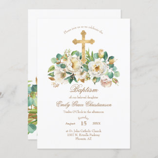 Gold Cross and Flowers Baptism Invitation