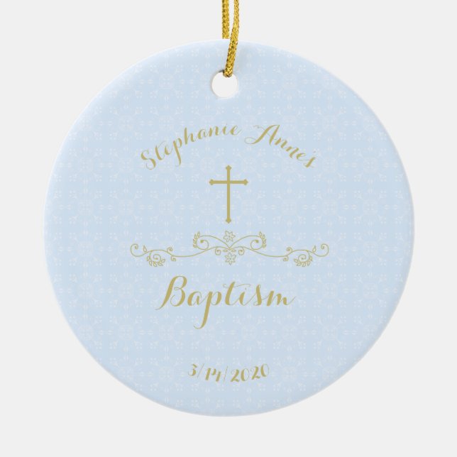 Gold Cross and Laurels in Light Blue Ceramic Ornam Ceramic Ornament (Front)