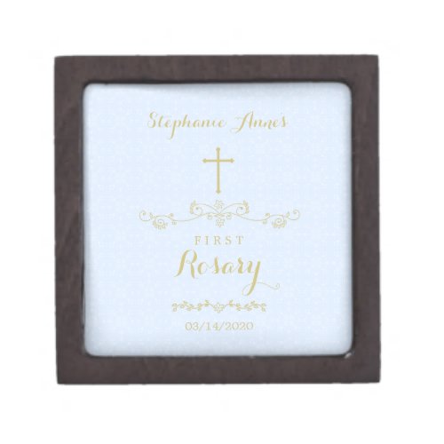 Gold Cross and Laurels in Light Blue First Rosary Gift Box