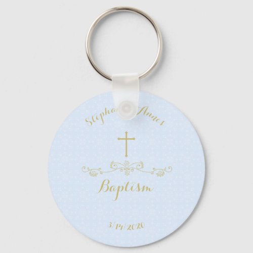 Gold Cross and Laurels in Light Blue Keychain