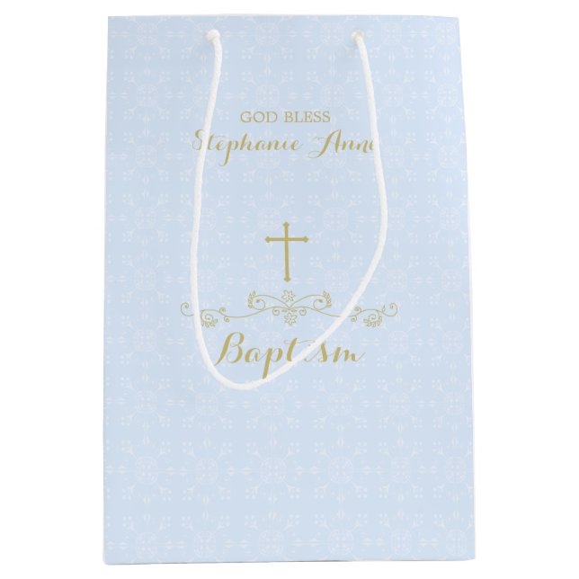 Gold Cross and Laurels in Light Blue Medium Gift Bag (Front)