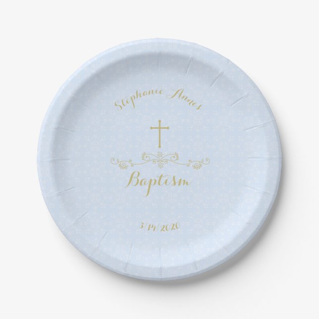 Gold Cross and Laurels in Light Blue Paper Plates (Front)